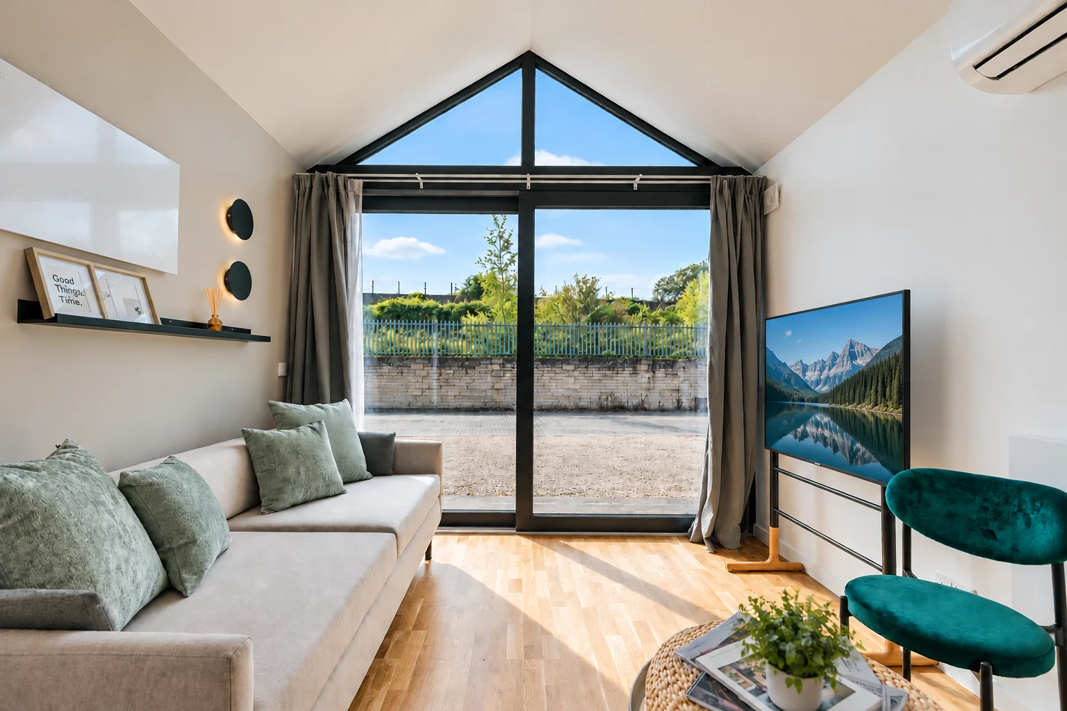 Furnished modular living room with full-height glazing
