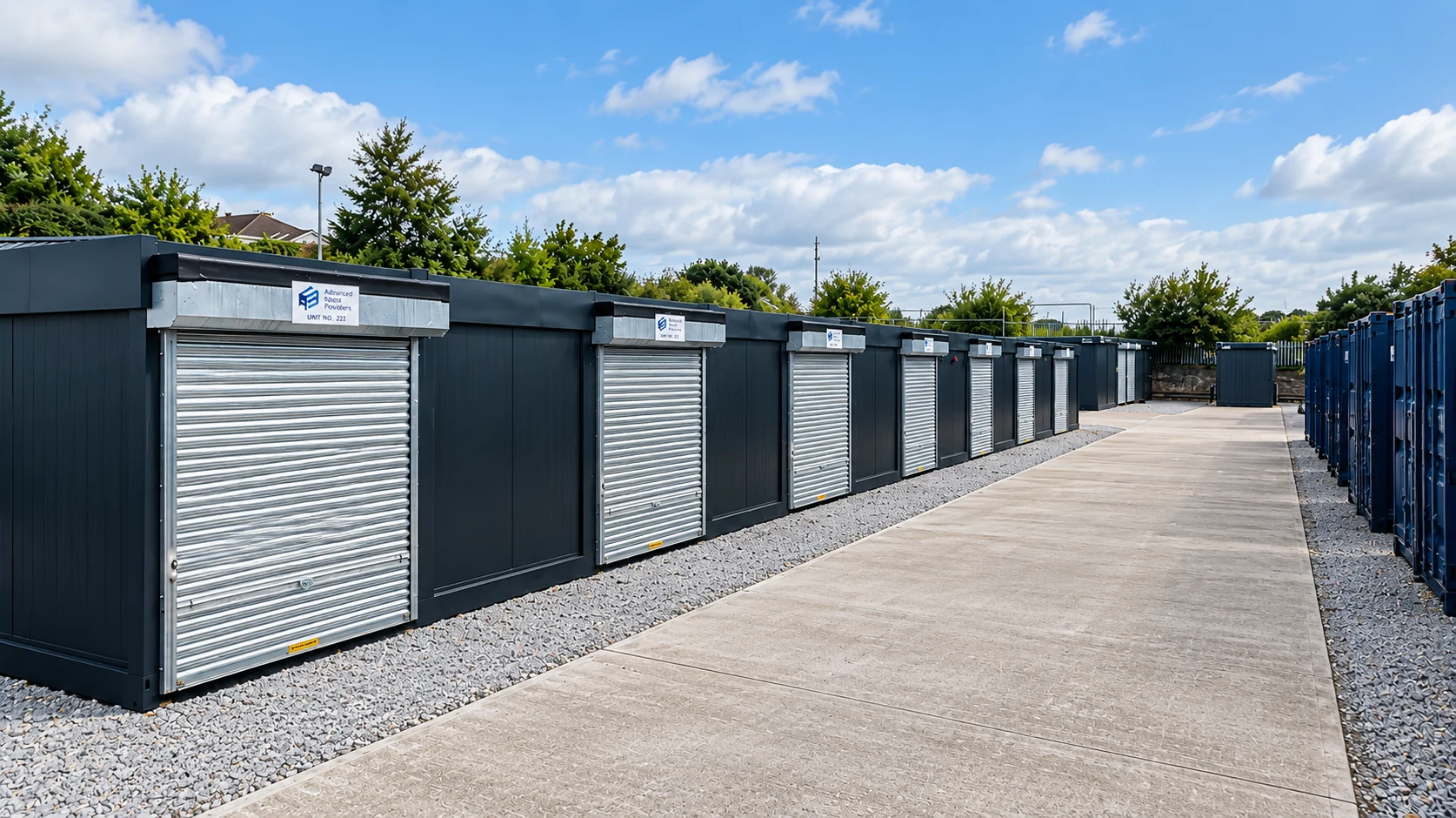 A row of commercial storage bays with roller-door access