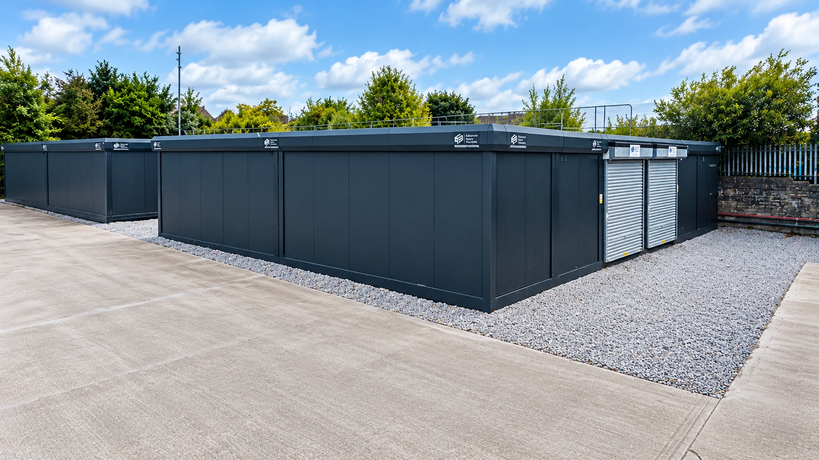 Wide exterior view of modular storage buildings